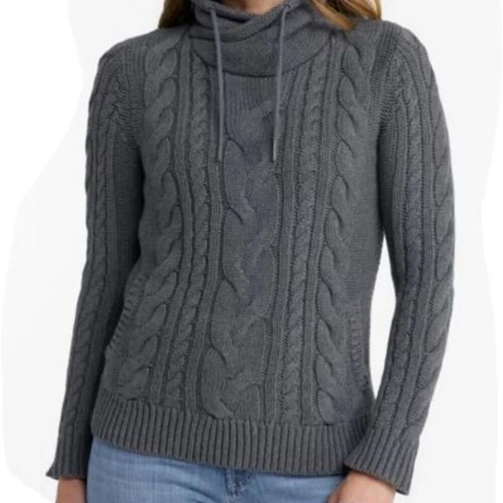 Women's Double L Mixed-Cable Funnelneck Cable Knit Sweater Sz 1X Oatmeal Heather